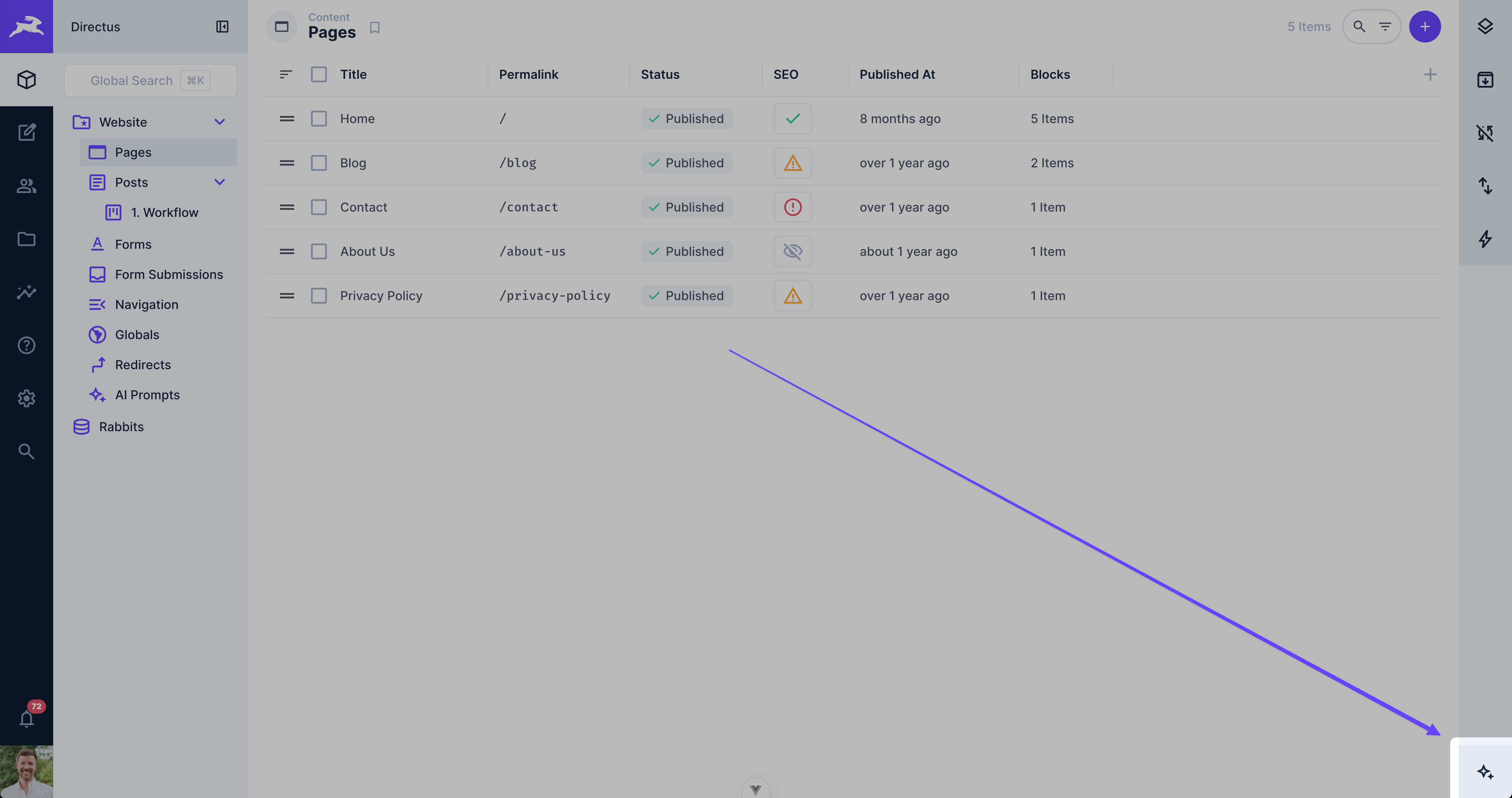 AI Chat button in Directus header